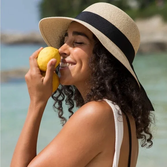 Furtalk Wide Ribbon Straw Beach Sun Hat tan khaki beige with black size medium - Picture 2 of 11